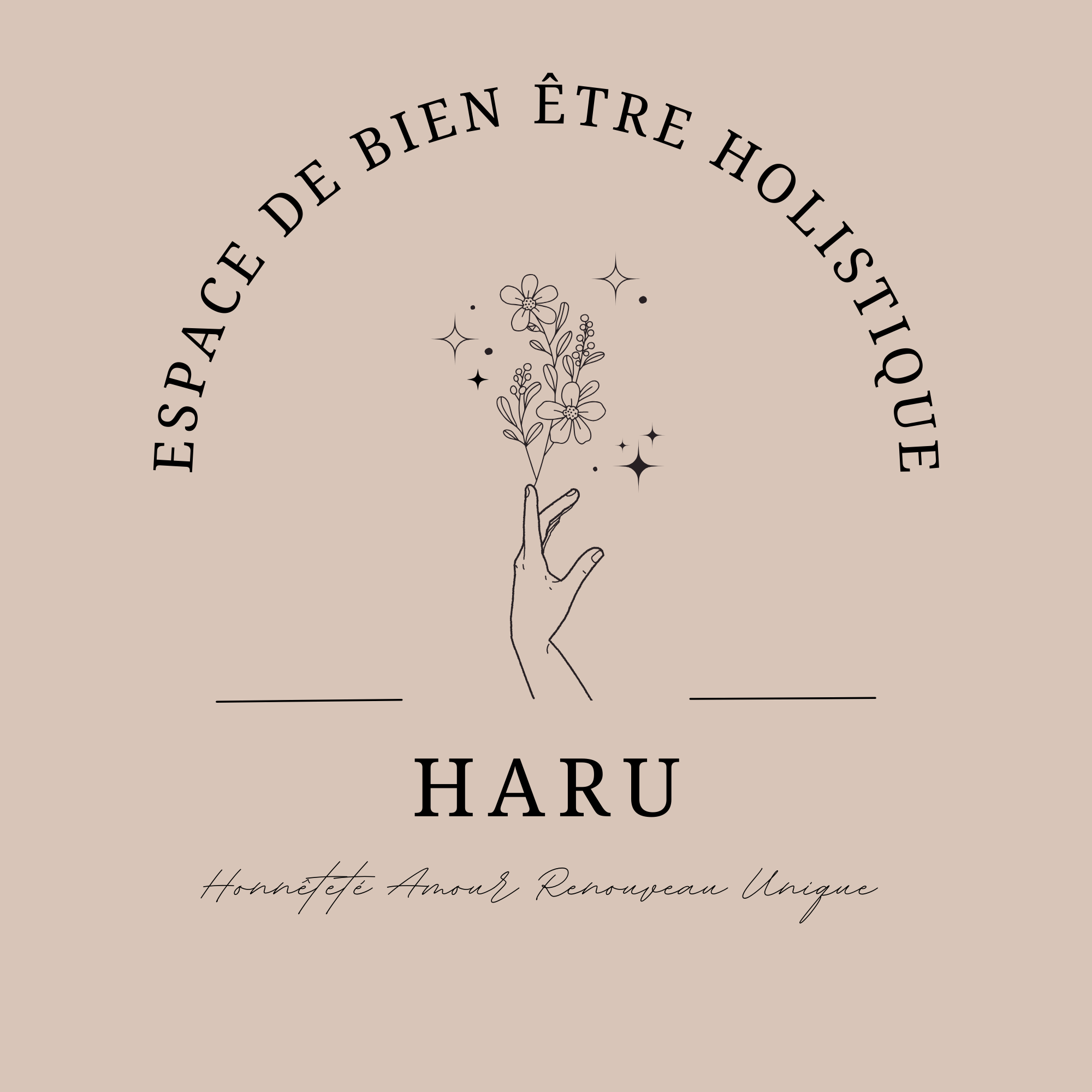 Logo HARU espace de bien être holistique, Honnêteté - Amour - Renouveau - Unique représente une main dont éclos une fleur évoquant l'évolution, le renouveau, et la magie intérieure